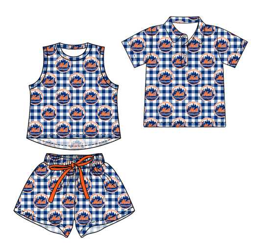 3.14 CUSTOM MOQ 5 Sibling Boys Baby Girls Summer Fashion Dark Blue Check Sleeveless Top Shorts Button Polo Shirts Team Clothes Sets