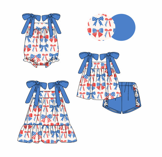 Girls 4th of July Outfit Straps Stars Red Blue Bow Tunic Top with Shorts US Independence Day Themed Clothing for Kids