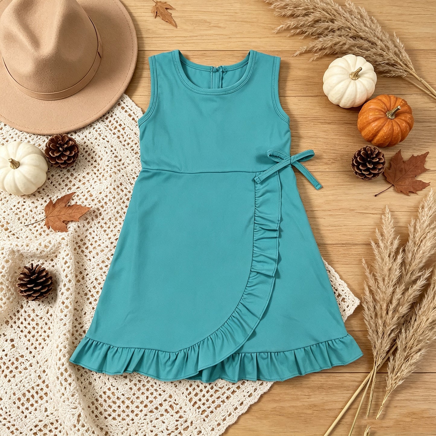 GSD3768 RTS NO MOQ （In stock） yoga fabric Baby Girls Blue Sleeveless Yoga Active Shorts Ruffle Knee Length Dresses