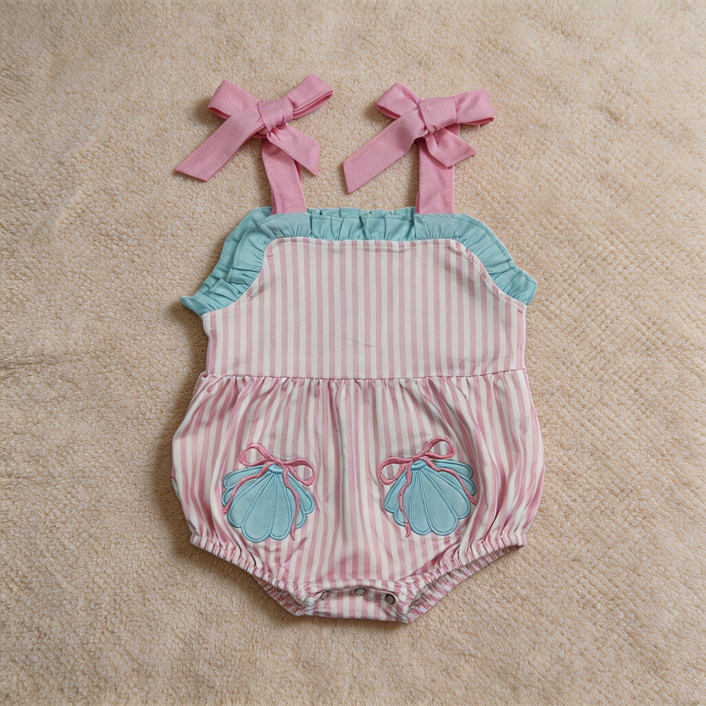 SR4127 RTS NO MOQ （In stock）Embroidery Shell Pockets Baby Girls Strap Pink Stripe Ruffle Rompers