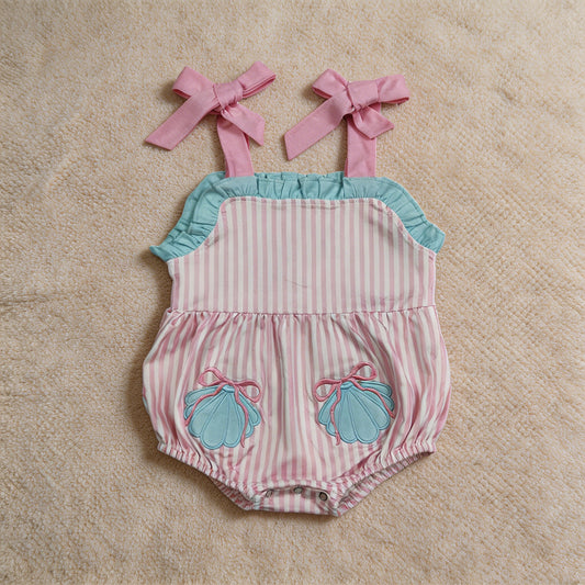 SR4127 RTS NO MOQ （In stock）Embroidery Shell Pockets Baby Girls Strap Pink Stripe Ruffle Rompers