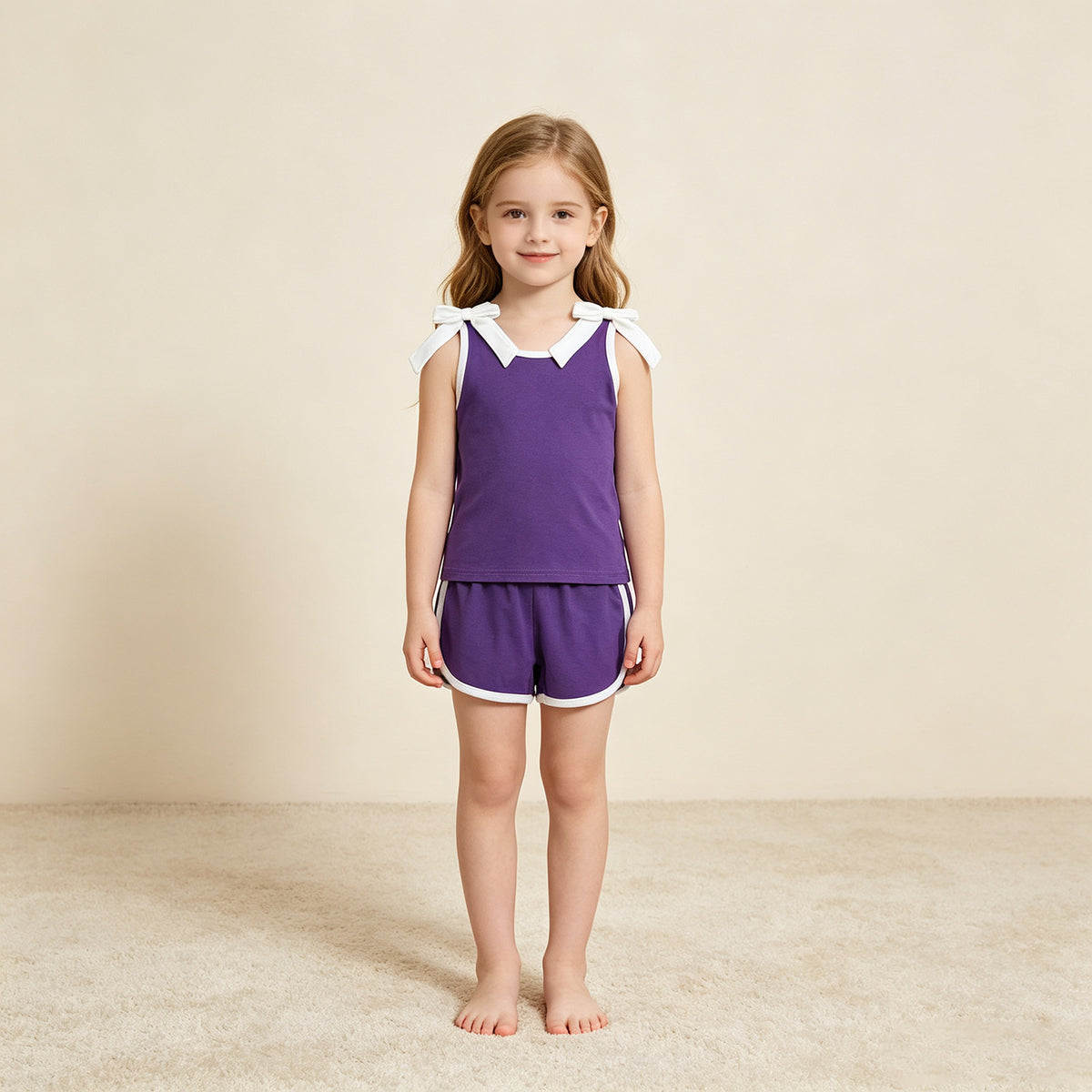 RTS NO MOQ （In stock）GSSO3858 milk silk Baby Girls Purple White Bows Sleeveless Vest Top Short Clothes Sets
