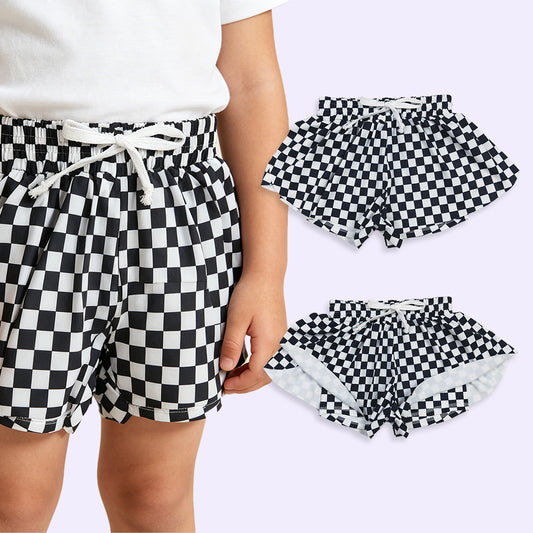 SS0865 RTS NO MOQ （In stock）Black plaid kids girls team active summer shorts