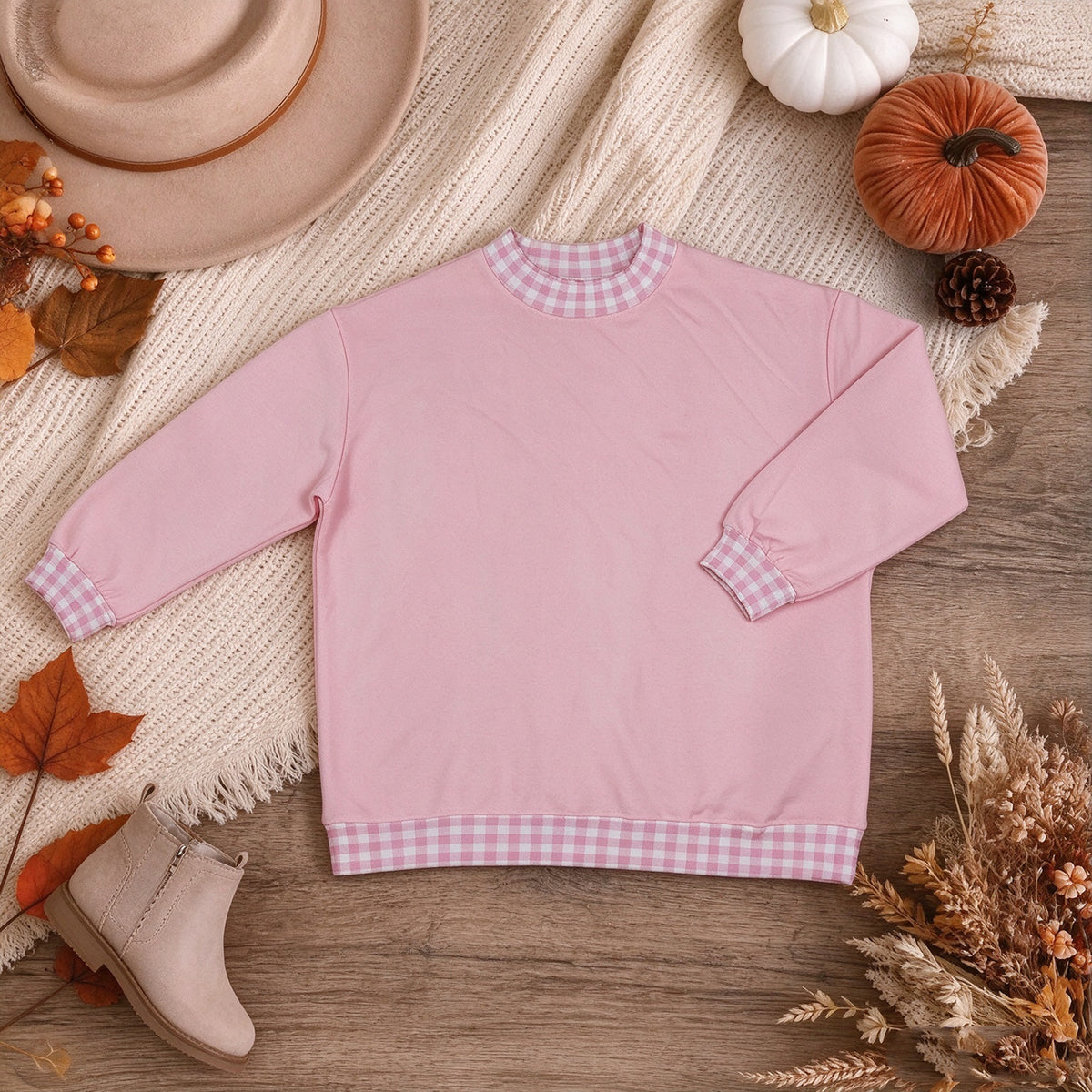 RTS NO MOQ  milk silk GT1794 Sweatshirt Material Adult Women Pink Sweater Gingham Tee Shirts Tops Casual Wear Top