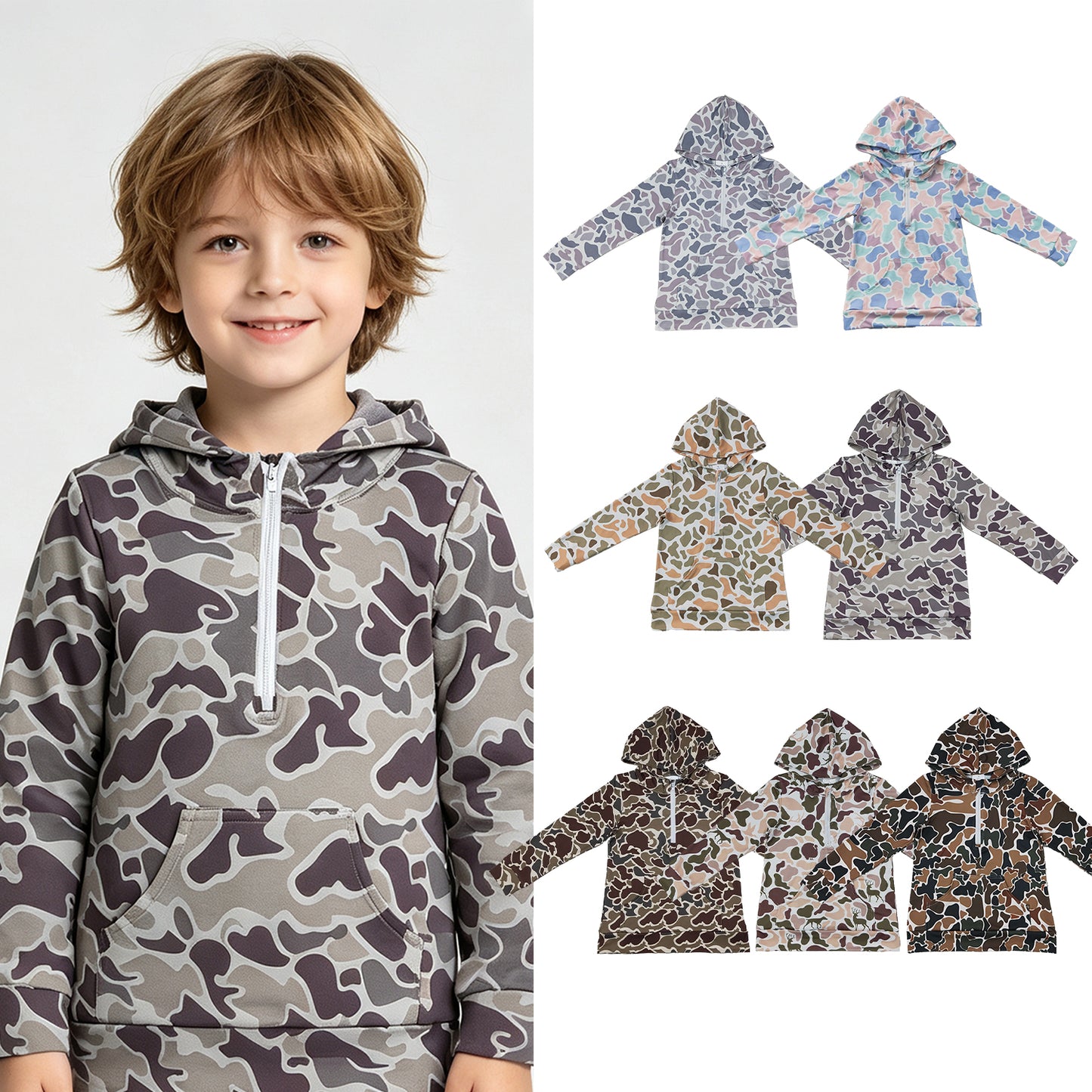 RTS Sibling milk silk Toddler Boys Camo Print Long Sleeve Hooded Top Zip Pocket Casual Fall Pullover