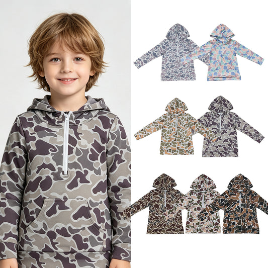 RTS Sibling milk silk Toddler Boys Camo Print Long Sleeve Hooded Top Zip Pocket Casual Fall Pullover