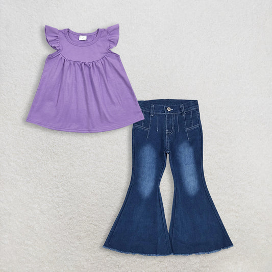 3.10 RTS NO MOQ （In stock）GT0461 + P0457 Baby Girls Lavender Flutter Sleeve Tunic Tops Denim Pants Jeans Clothes Set