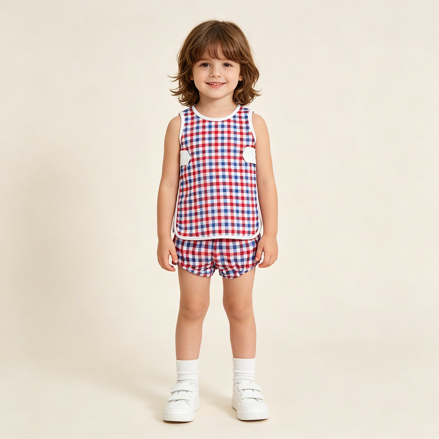 GBO0530 RTS NO MOQ （In stock）Red blue plaid top bummies baby boys 4th of july set