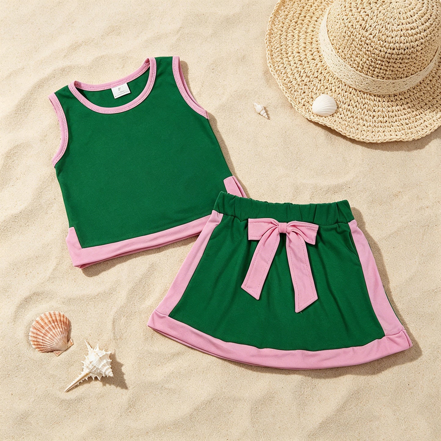 GSD3830 RTS NO MOQ （In stock ）Green cotton sleeveless top skorts kids girls outfits  Reviews