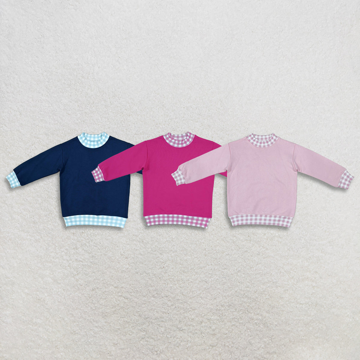 RTS NO MOQ Sibling milk silk Baby Girls Solid Color Long Sleeve Sweatshirt With Gingham Check Trim Collar Cuff Hem