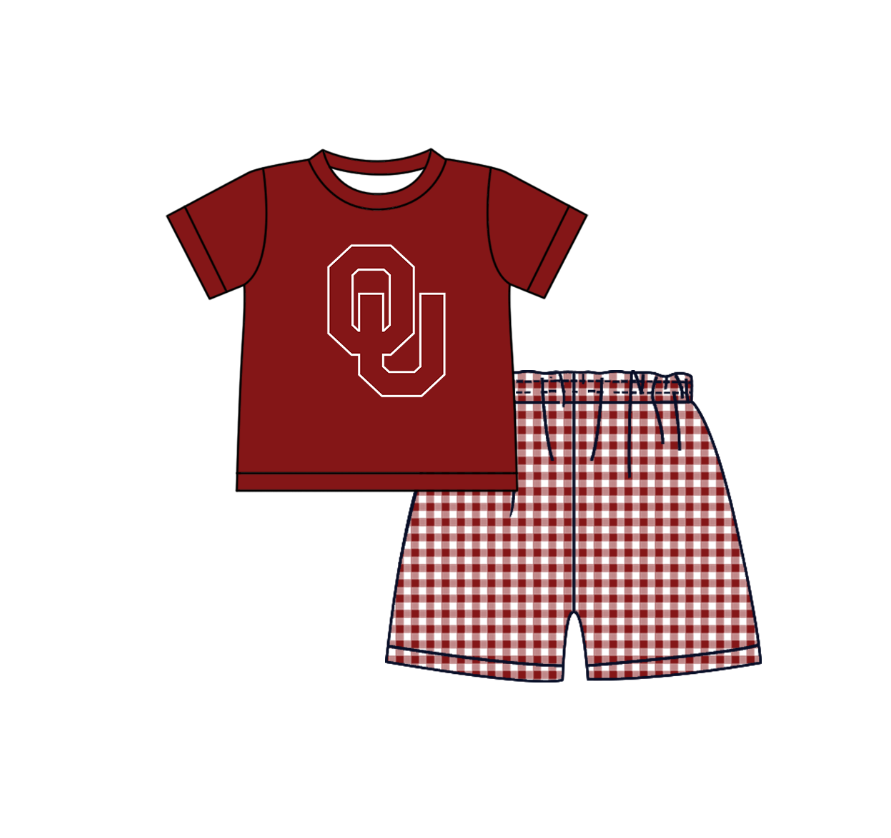 CUSTOM MOQ 5 Sibling Boys Baby Girls Red OU Top Shorts Clothes Set Knee Length Dress Rompers