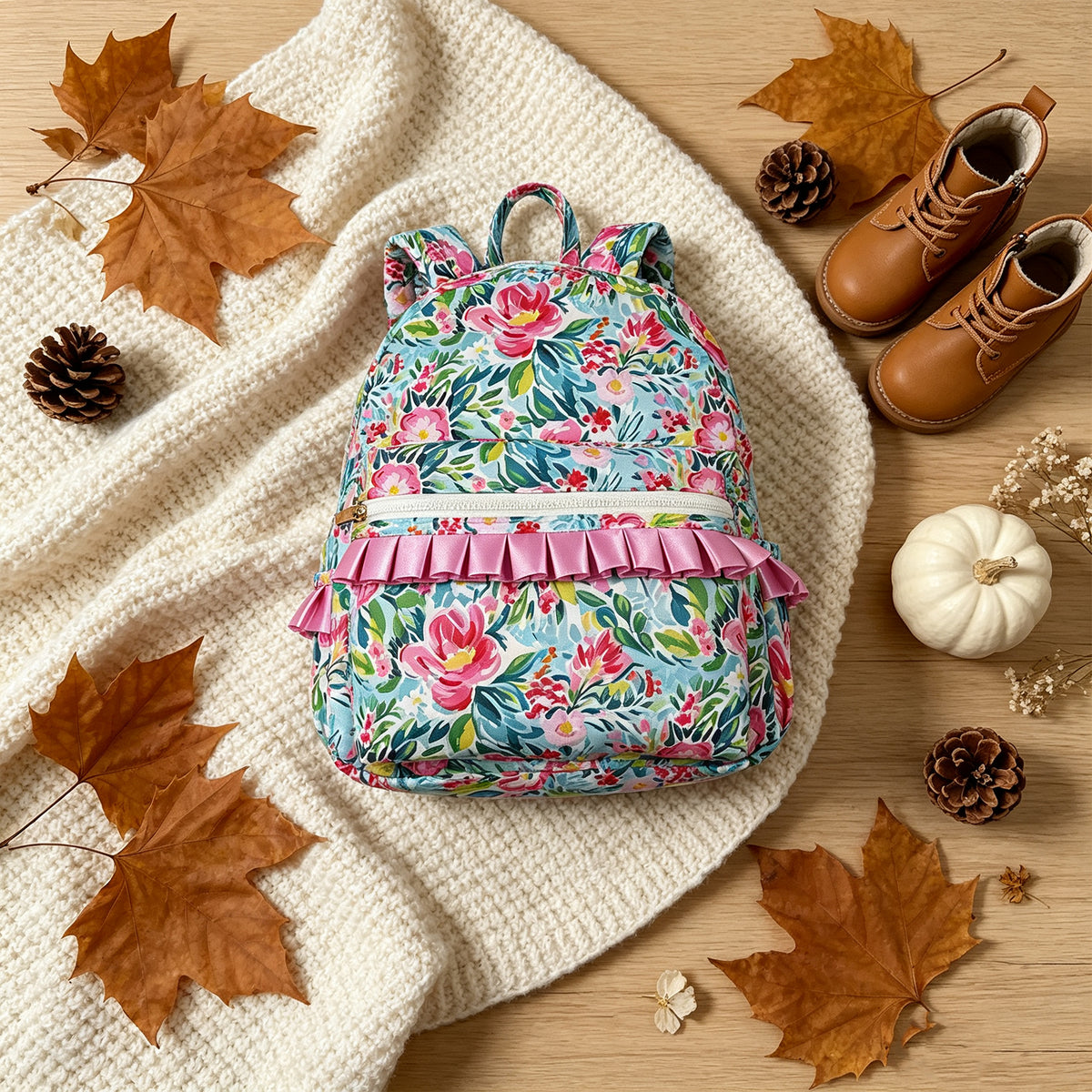 RTS NO MOQ Bags BA0176 Kids Girls Green Pink Flowers Print Backpack Back Bags