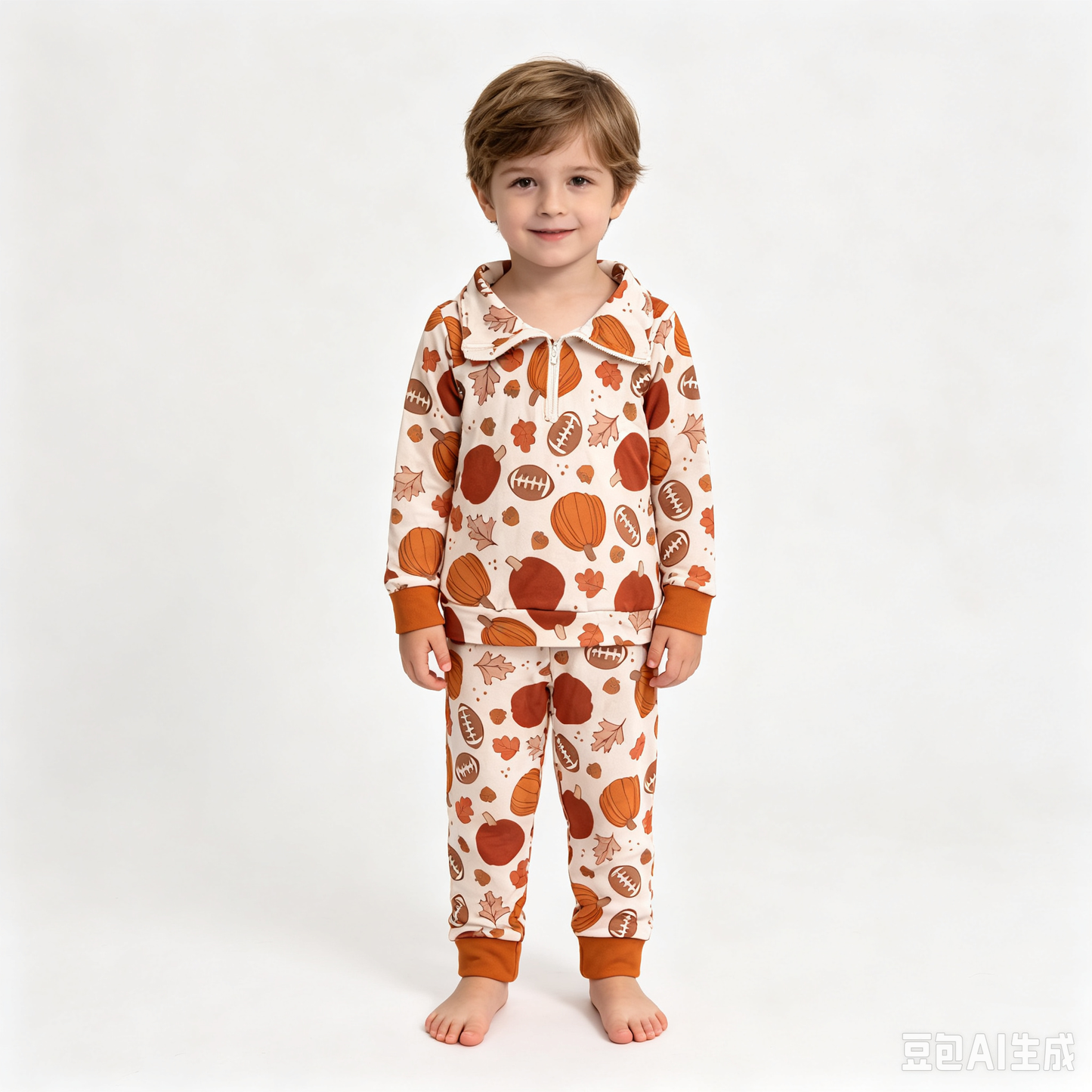 BLP1573（BT1894+P1197）Sample No Moq milk silk Baby Boys Fall Pumpkin Football Leaf Print Half Zip Collar Long Sleeve Top Jogger Pant Set