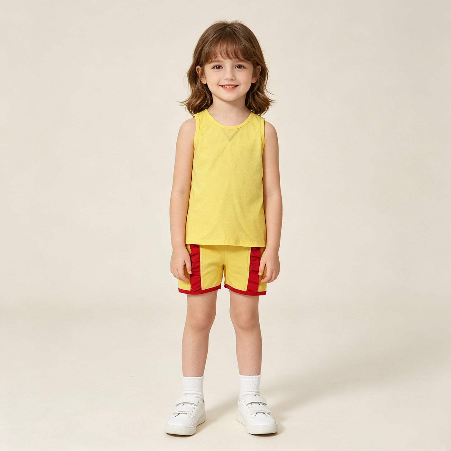 GSSO3466 RTS NO MOQ （In stock ）Sleeveless red bow top yellow shorts princess girls outfits