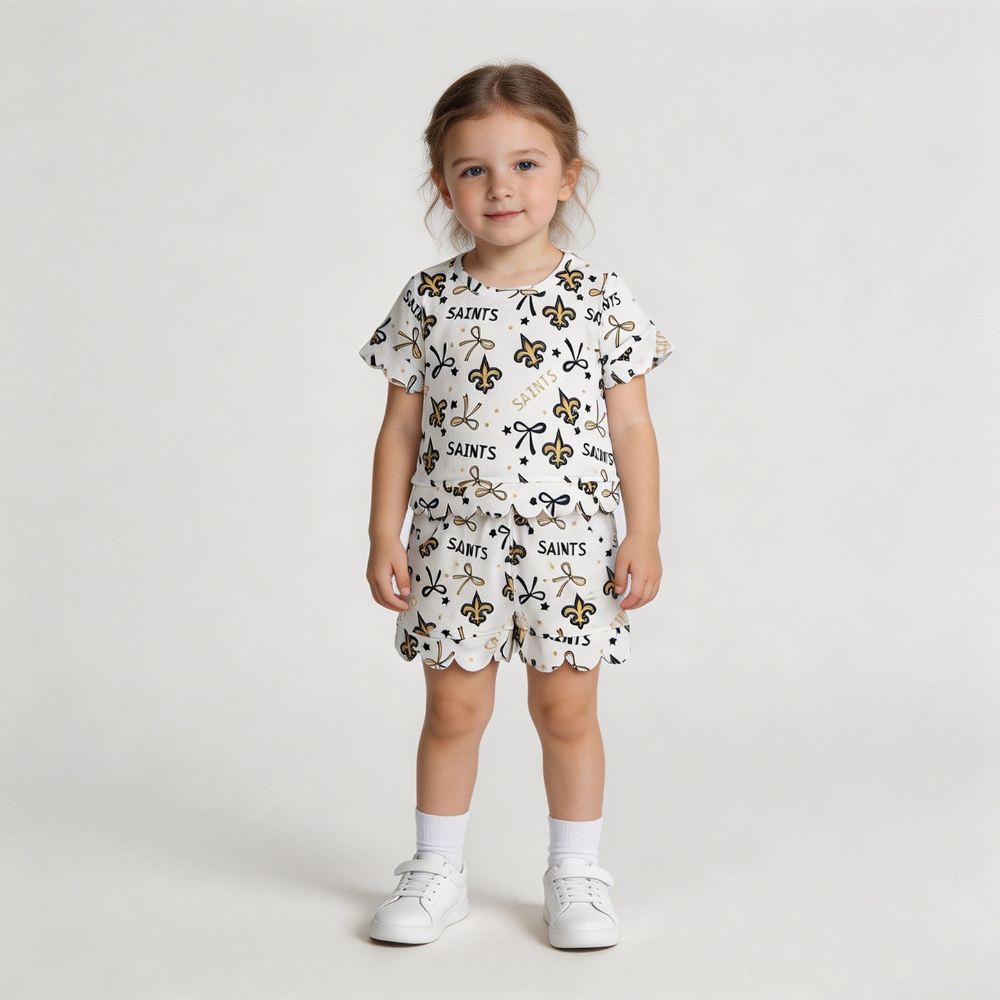 GSSO3561 RTS NO MOQ （In stock）Short sleeves scallop anchor bow girls team outfits