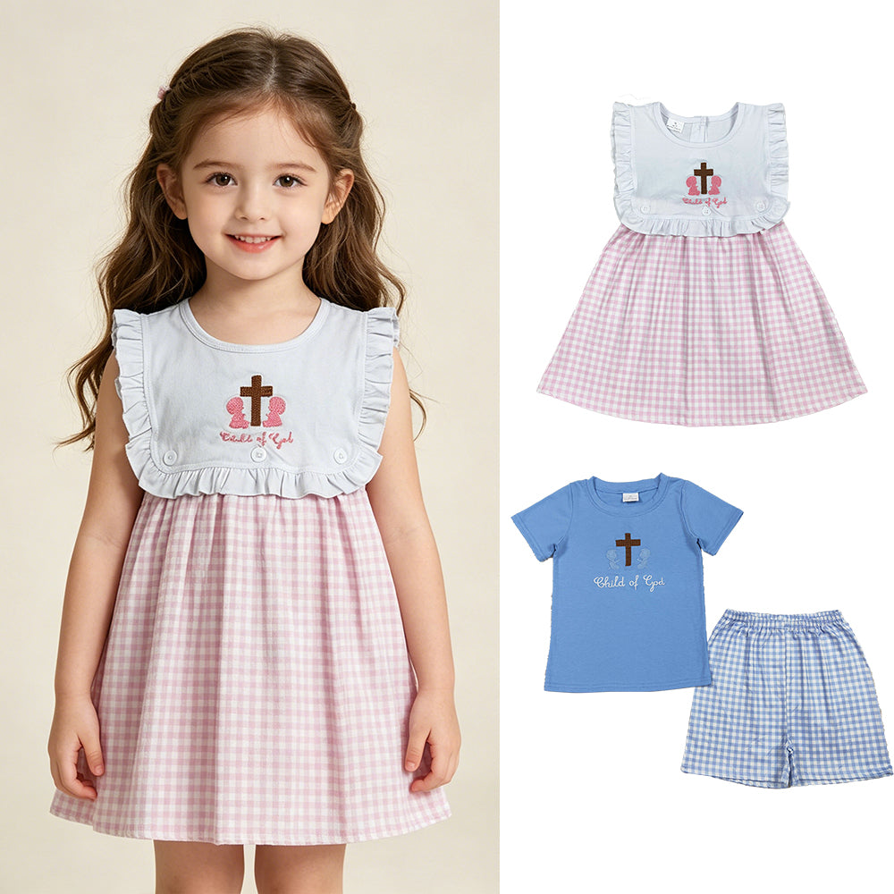 4.15 RTS Sibling Child of god cross embroidery kids boys Easter outfits and girls dresses