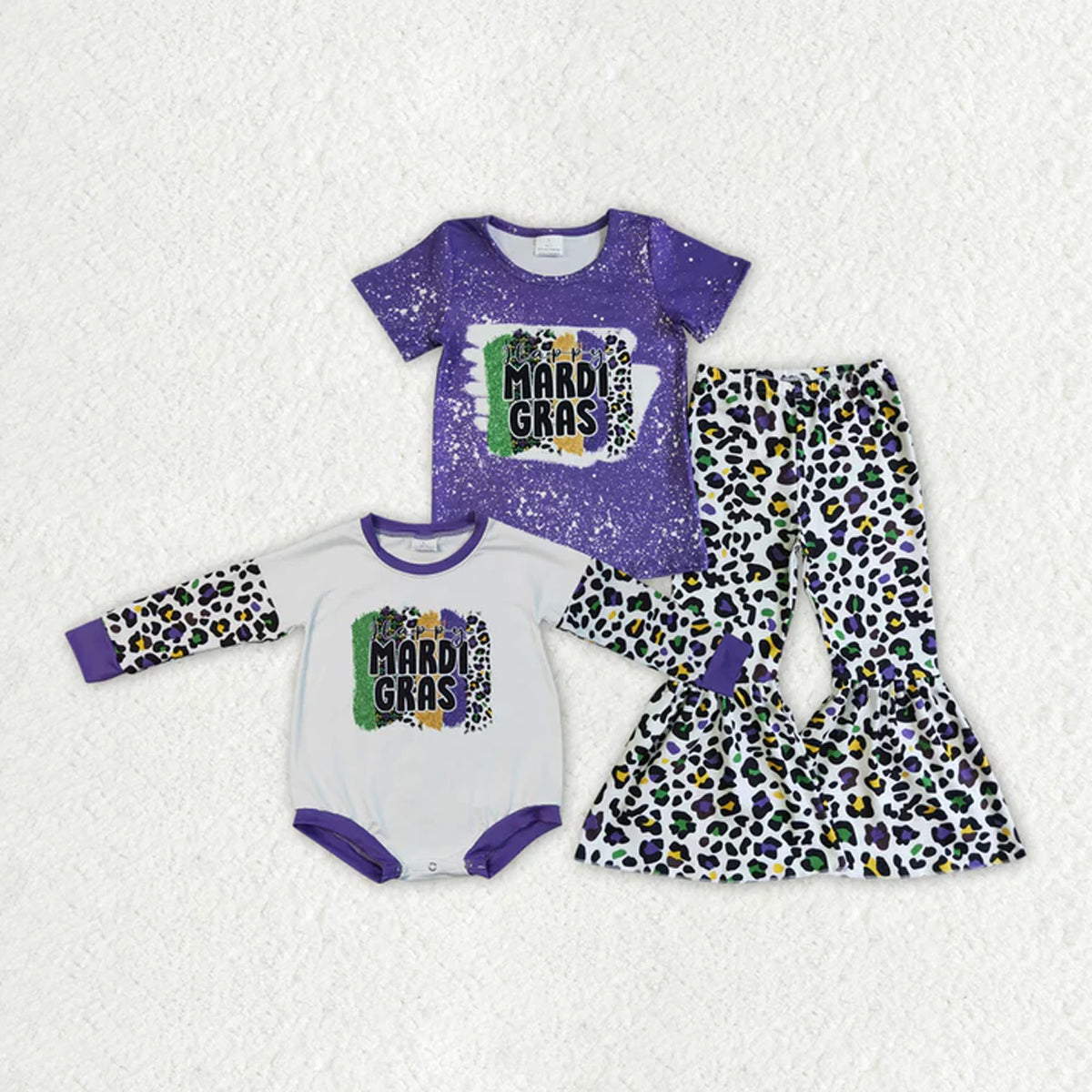 RTS Sibling Baby Girls Spring Outfits Mardi Gras Purple Bell Pants Clothes Sets rompers