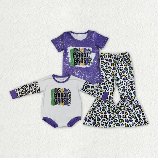 RTS Sibling Baby Girls Spring Outfits Mardi Gras Purple Bell Pants Clothes Sets rompers