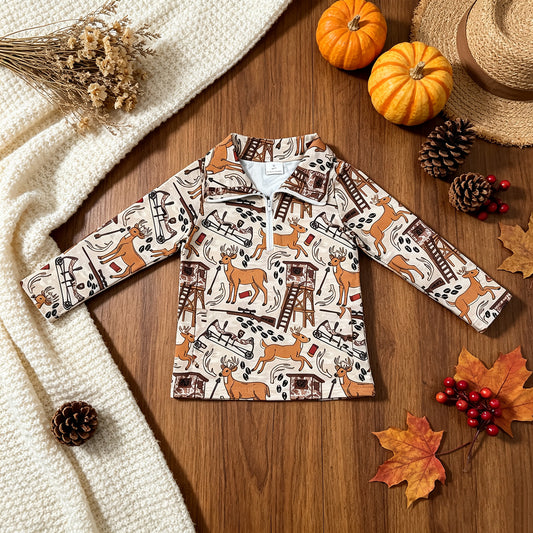RTS NO MOQ （In stock）milk silk BT1397 Baby Boys Khaki Long Sleeve Deer Hunting Pockets Zip Pullovers Top Fall Outdoor Top