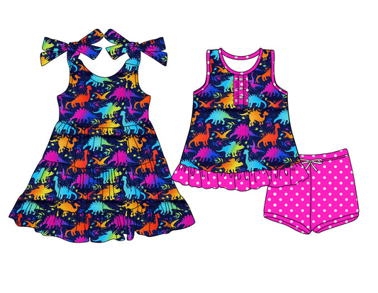5.16  Pre order Girls Sleeveless Dinosaur Ruffle Top Polka Dot Shorts Outfit Cute Preemie to plus Size Children's Clothing Set