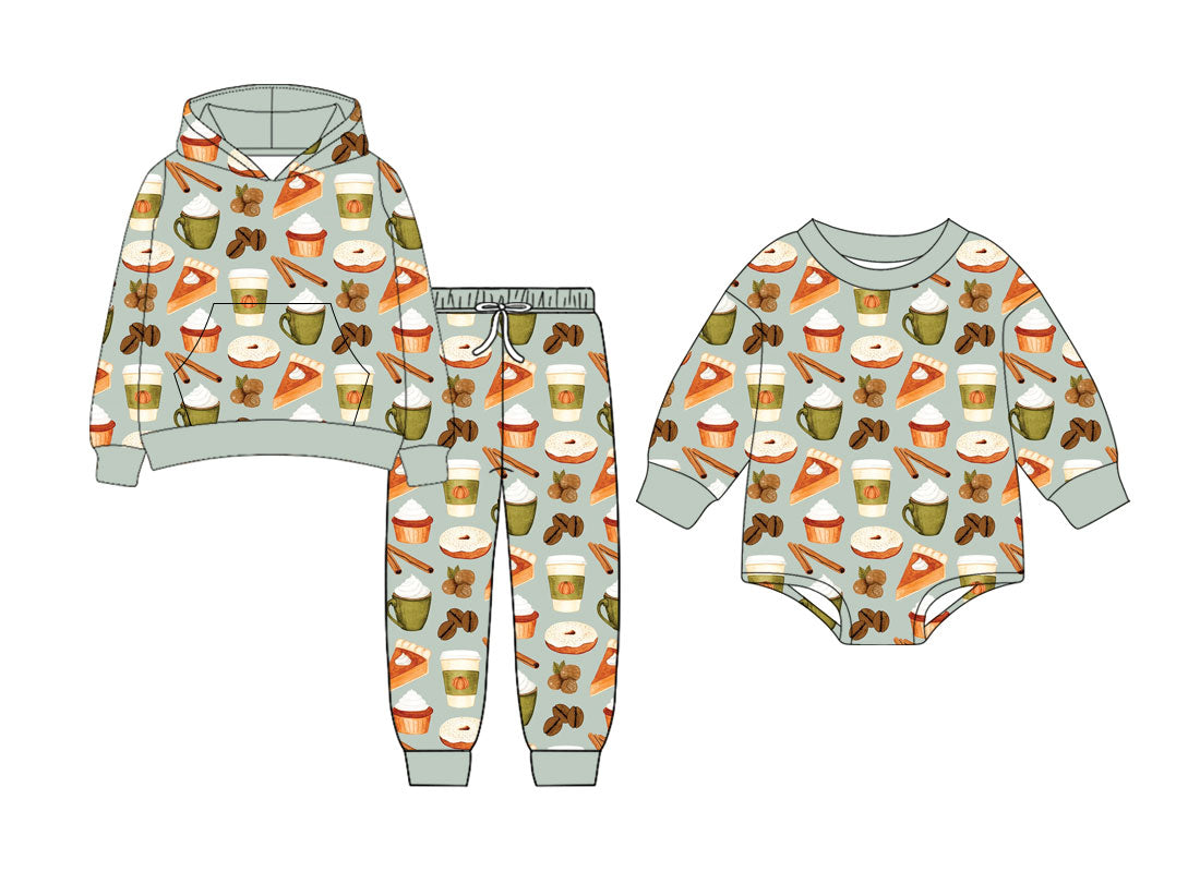 4.22 Pre order No Moq Baby Boys Daily Wear Cakes Pattern Hooded Tops Jogger Pants Sets Long Sleeve Rompers