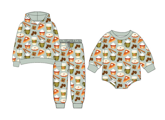 4.22 Pre order No Moq Baby Boys Daily Wear Cakes Pattern Hooded Tops Jogger Pants Sets Long Sleeve Rompers