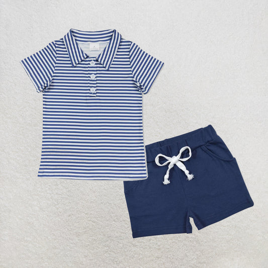 5.14 RTS NO MOQ （In stock）BT0654+SS0136 Short sleeves blue stripe kids boys polo shirt outfits