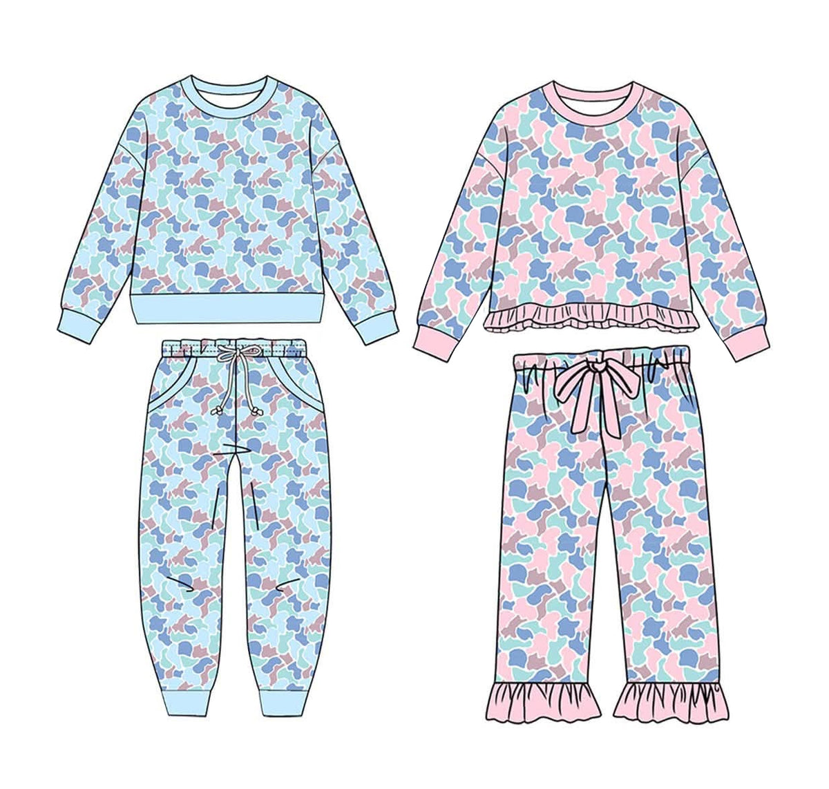 (Preorder new) No moq Toddler Kids Camo Print Crew Neck Sweatshirt Jogger Pants And Ruffle Hem Top Flare Pants Outfit
