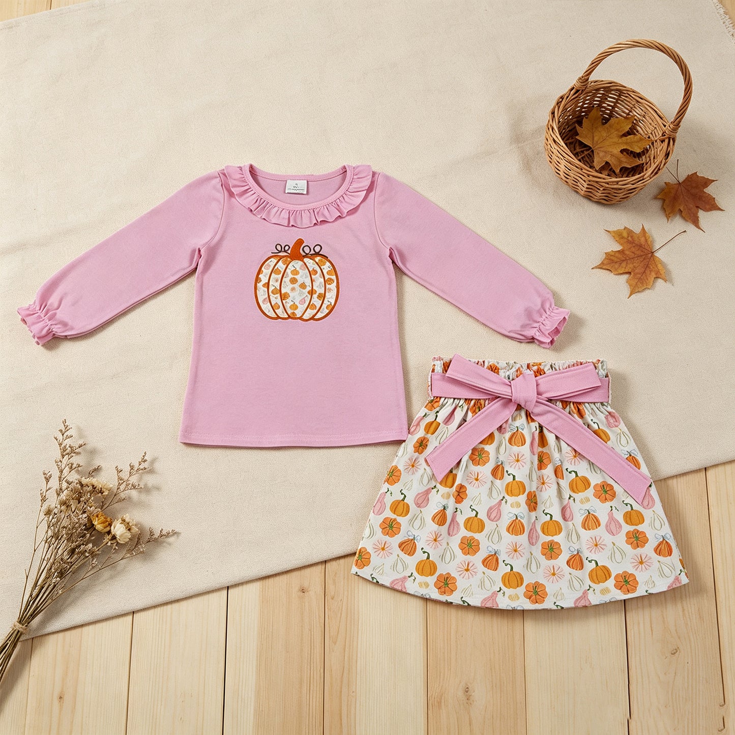 RTS NO MOQ （In stock）milk silk GLD1641  Embroidery Pumpkins Baby Girls Collar Tunic Bows Skirt Fall Clothes Sets