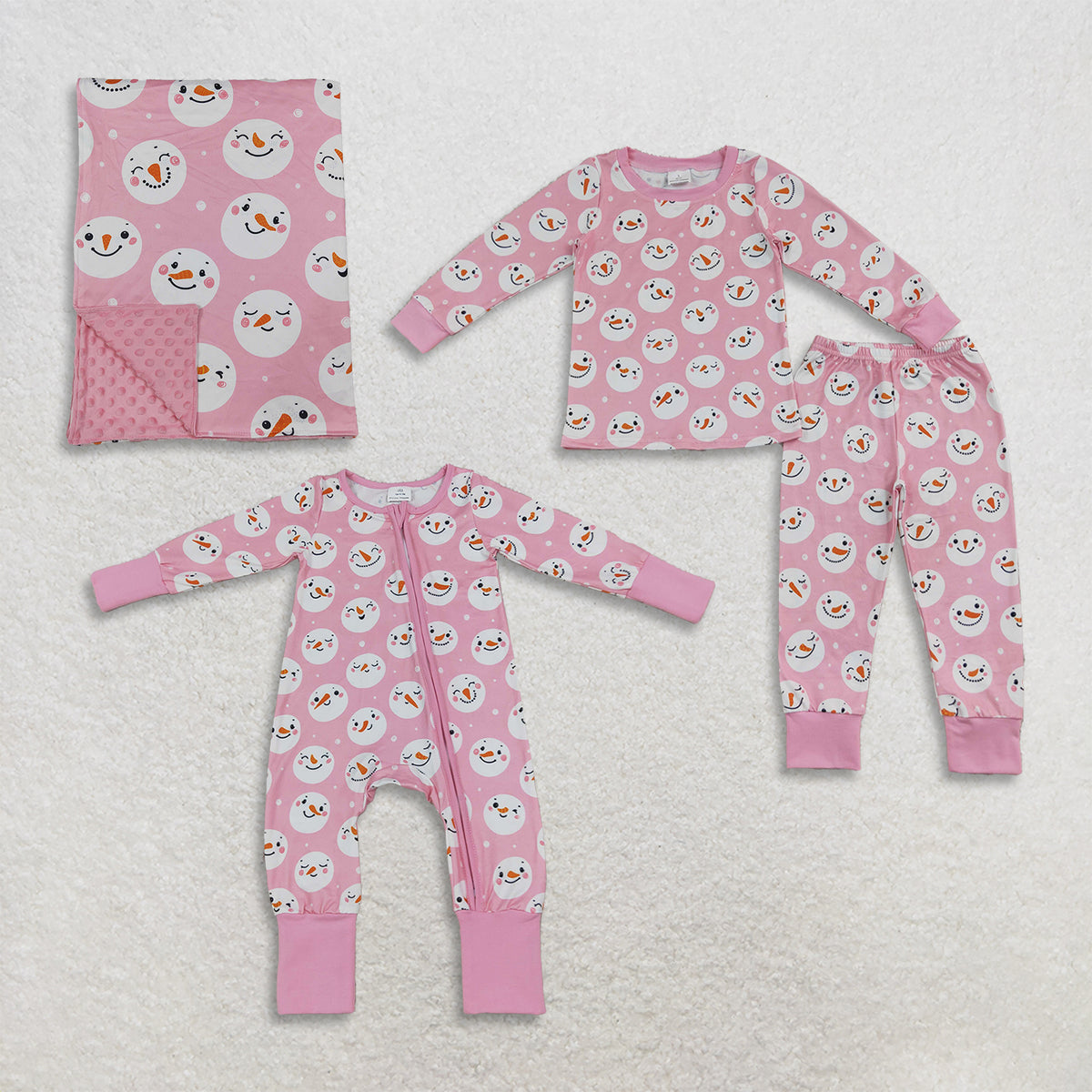 Sibling milk silk Baby Girls Pink Snowman Print Long Sleeve Pajama Set Zipper Romper Blanket