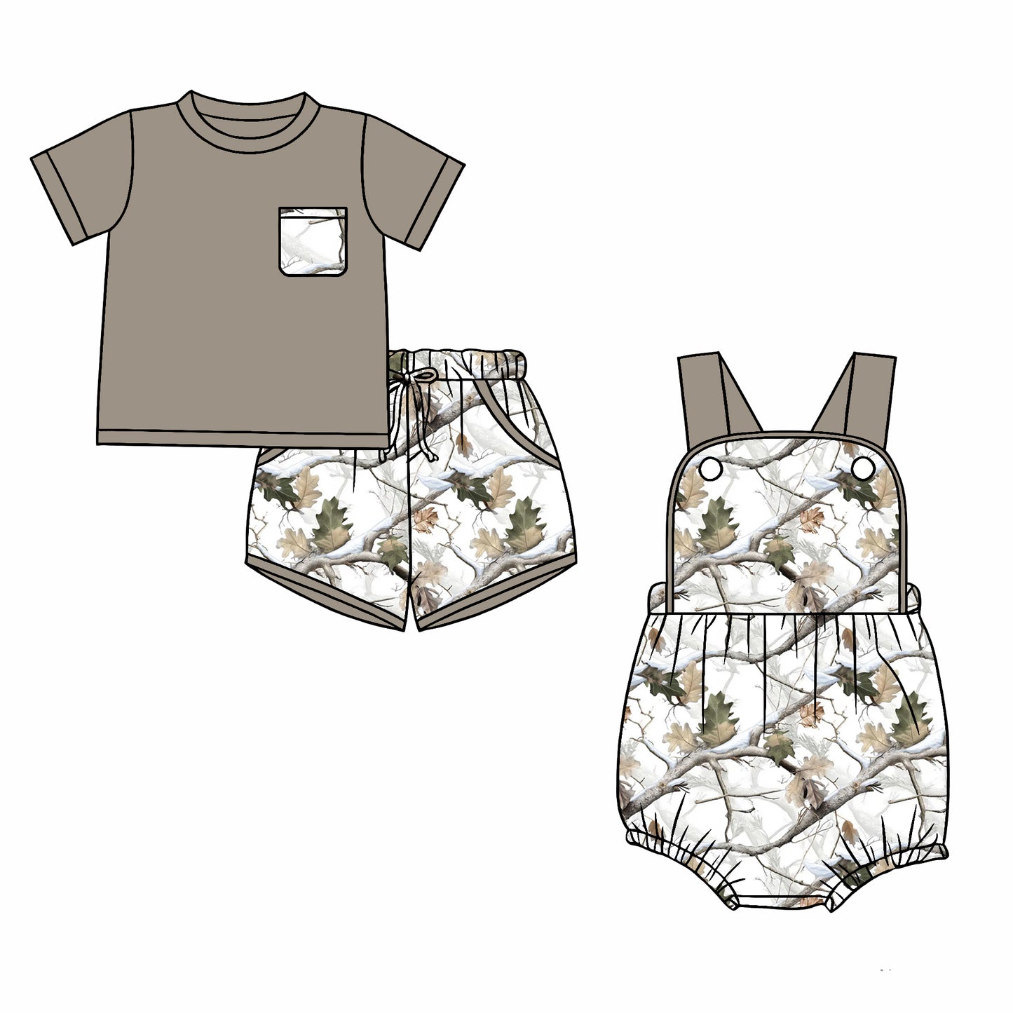 CUSTOM MOQ 5 Sibling Baby Boys Summer GreyTrees Short Sleeve Shorts Rompers Clothes Sets