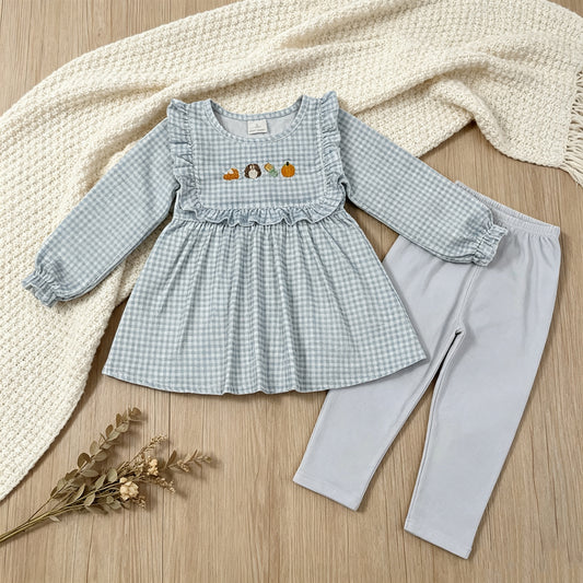 RTS NO MOQ milk silk GLP3409 Embroidery Turkey Pumpkins Baby Girls Cute Tunic Leggings Thanksgivings Set