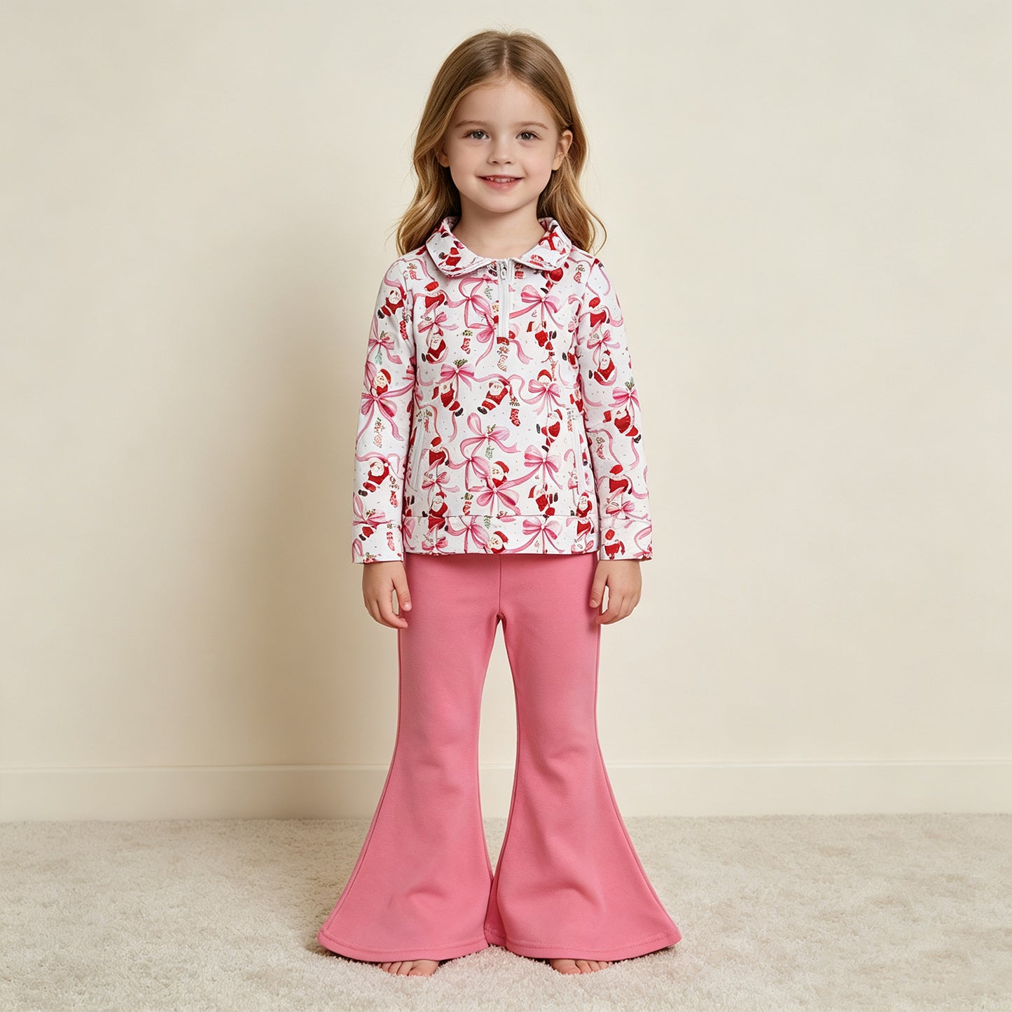 RTS NO MOQ （In stock）milk silk  GLP3508 Baby Girls Bows Santa Zip Pockets Pullovers Flare Pant Christmas Clothes Set