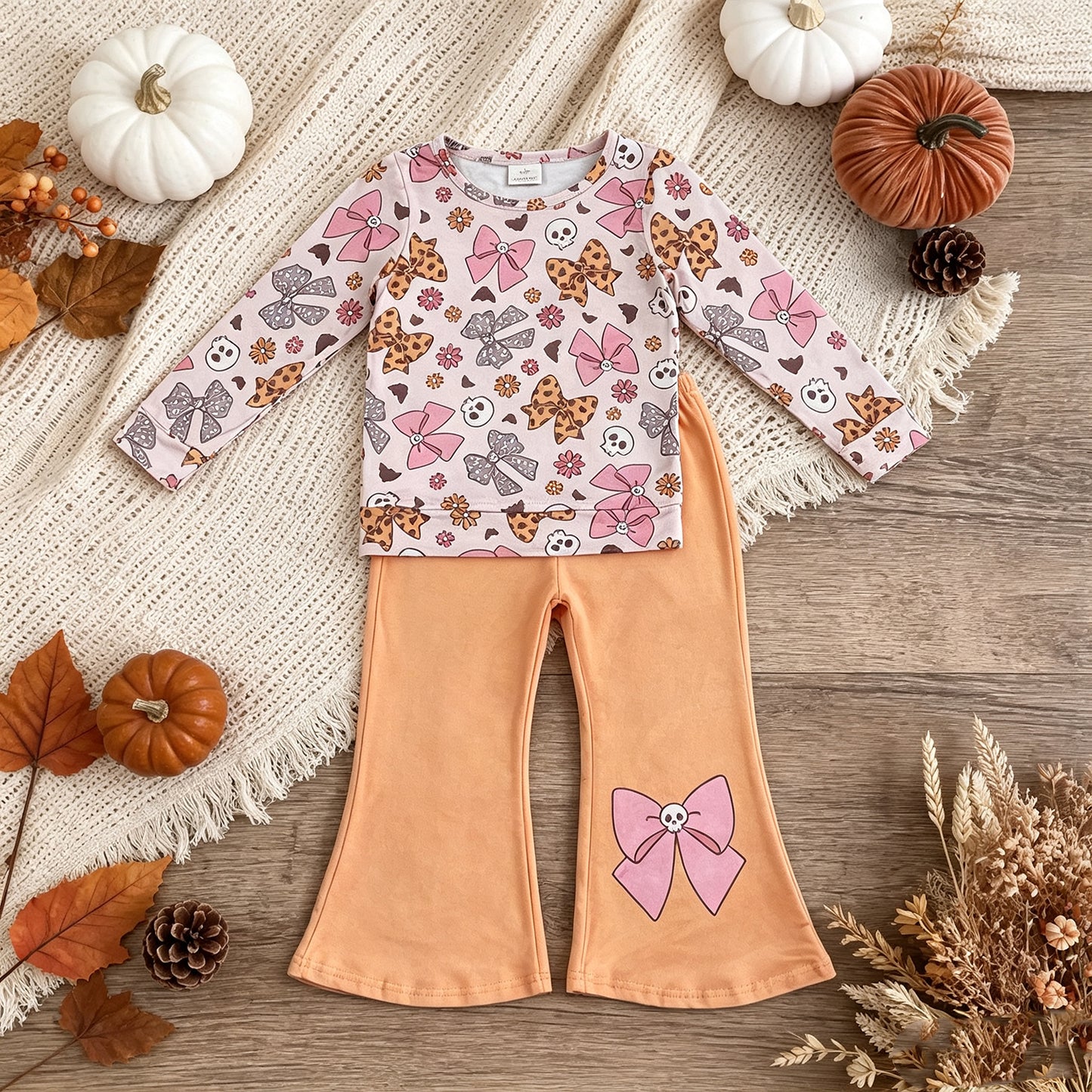 GLP3536 RTS NO MOQ （In stock）milk silk Baby Girls Bat Bows Ghosts Top Flare Pant Halloweens Casual Outfit