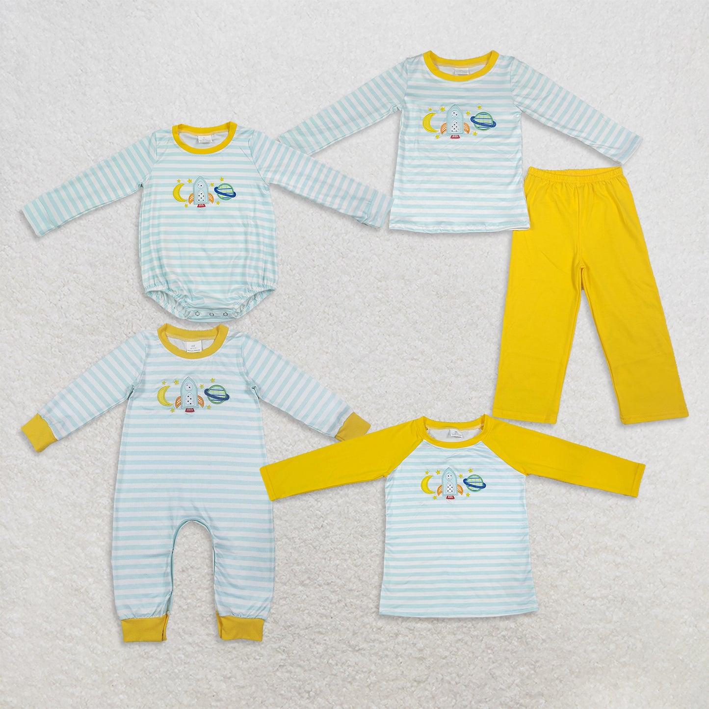 RTS RTS NO MOQ  Sibling Embroidery Moon Baby Boys Long Sleeve Blue Stripe Top Pant Clothes Sets And Romper