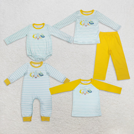 RTS RTS NO MOQ  Sibling Embroidery Moon Baby Boys Long Sleeve Blue Stripe Top Pant Clothes Sets And Romper