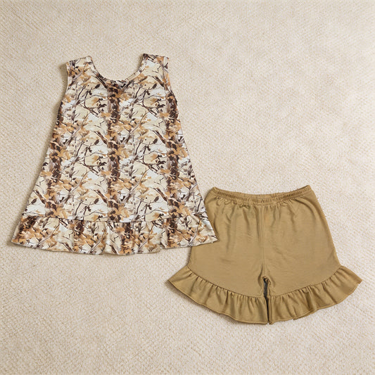 GSSO3467  RTS NO MOQ （In stock）Baby Girls Sleeveless Southern Leaves Camo Tunic Ruffle Shorts Clothes Sets