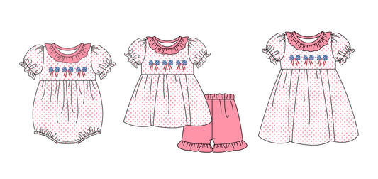 FLOWERSShort sleeves polka dots stars stripe bow girls 4th of july outfits
