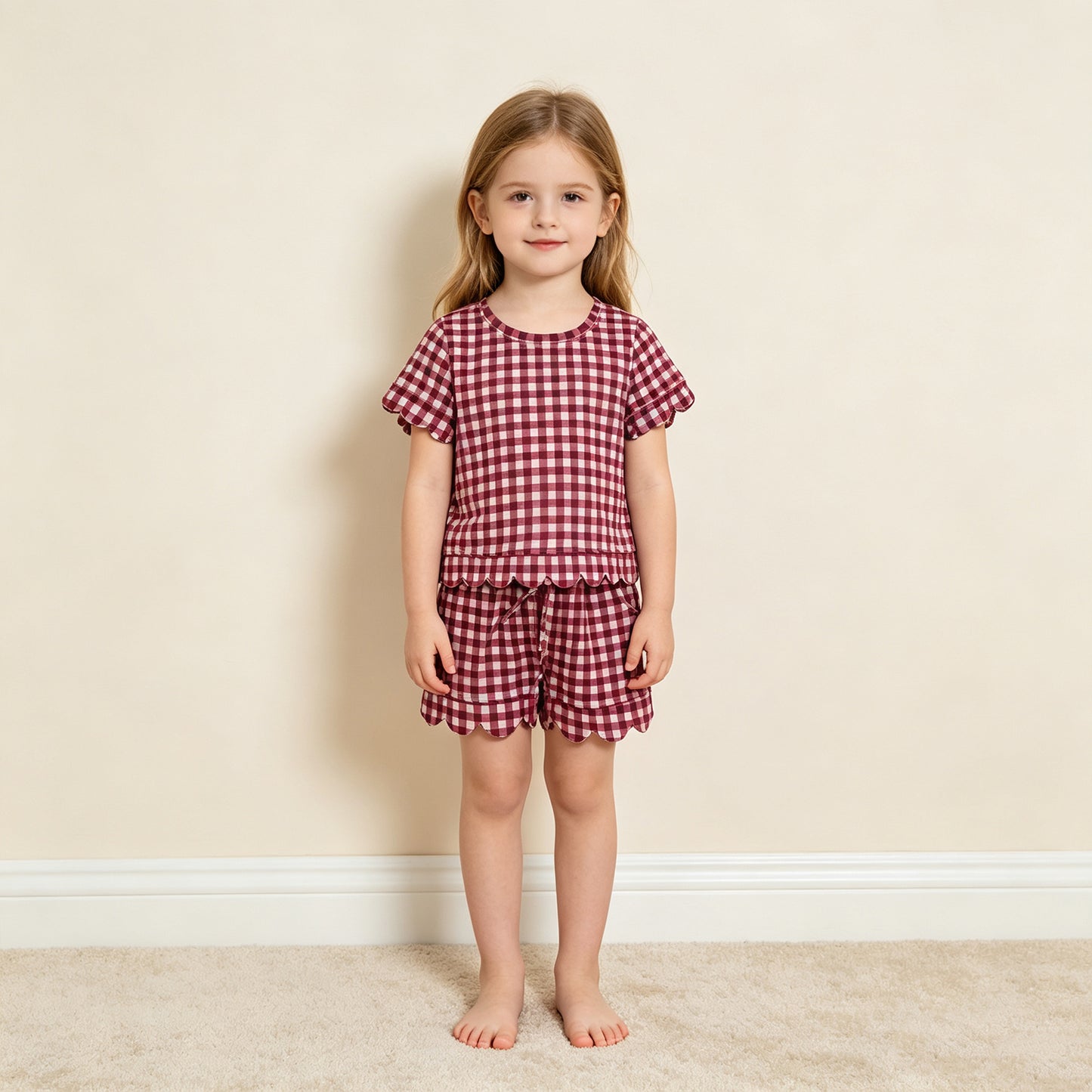 RTS NO MOQ （In stock） milk silk GSSO3836 Baby Girls Maroon Plaid Checked Short Sleeve Shirt Top And Scallop Hem Shorts Set