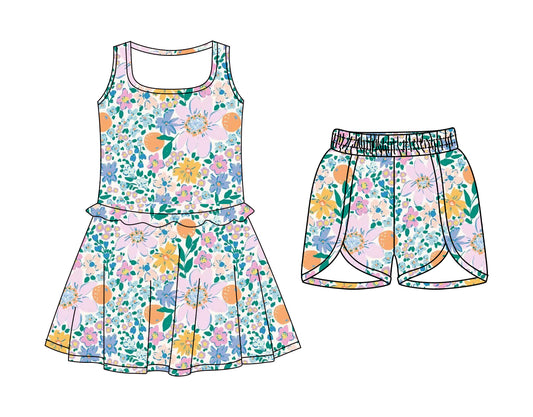 CUSTOM MOQ 5 Sibling Baby Girls Sleeveless Green Flowers Knee Length Dress Bottom Shorts Yoga Athletic Sets