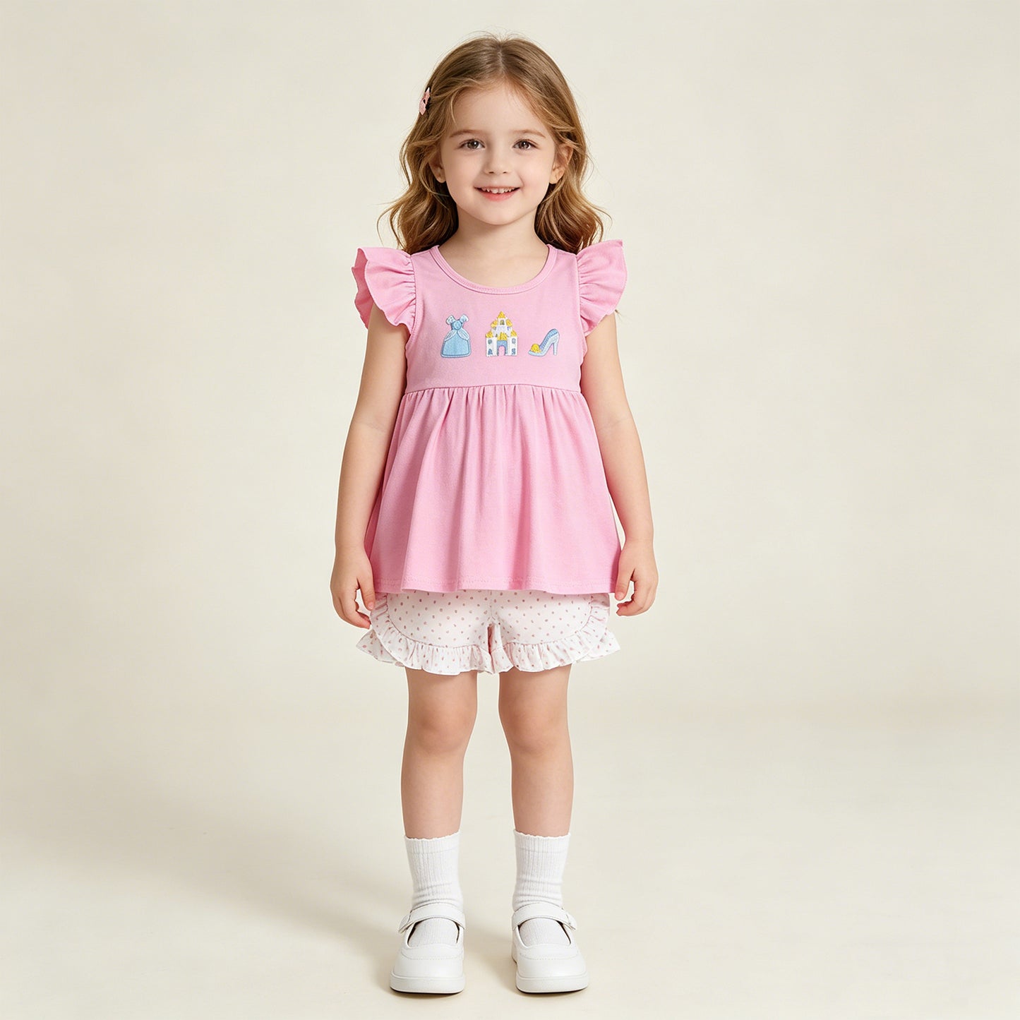 GSSO1186 RTS NO MOQ （In stock ）Embroidery Princess Baby Girls Flutter Sleeve Tunic Ruffle Shorts Clothes Sets