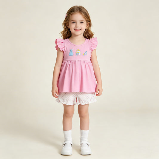 GSSO1186 RTS NO MOQ （In stock ）Embroidery Princess Baby Girls Flutter Sleeve Tunic Ruffle Shorts Clothes Sets
