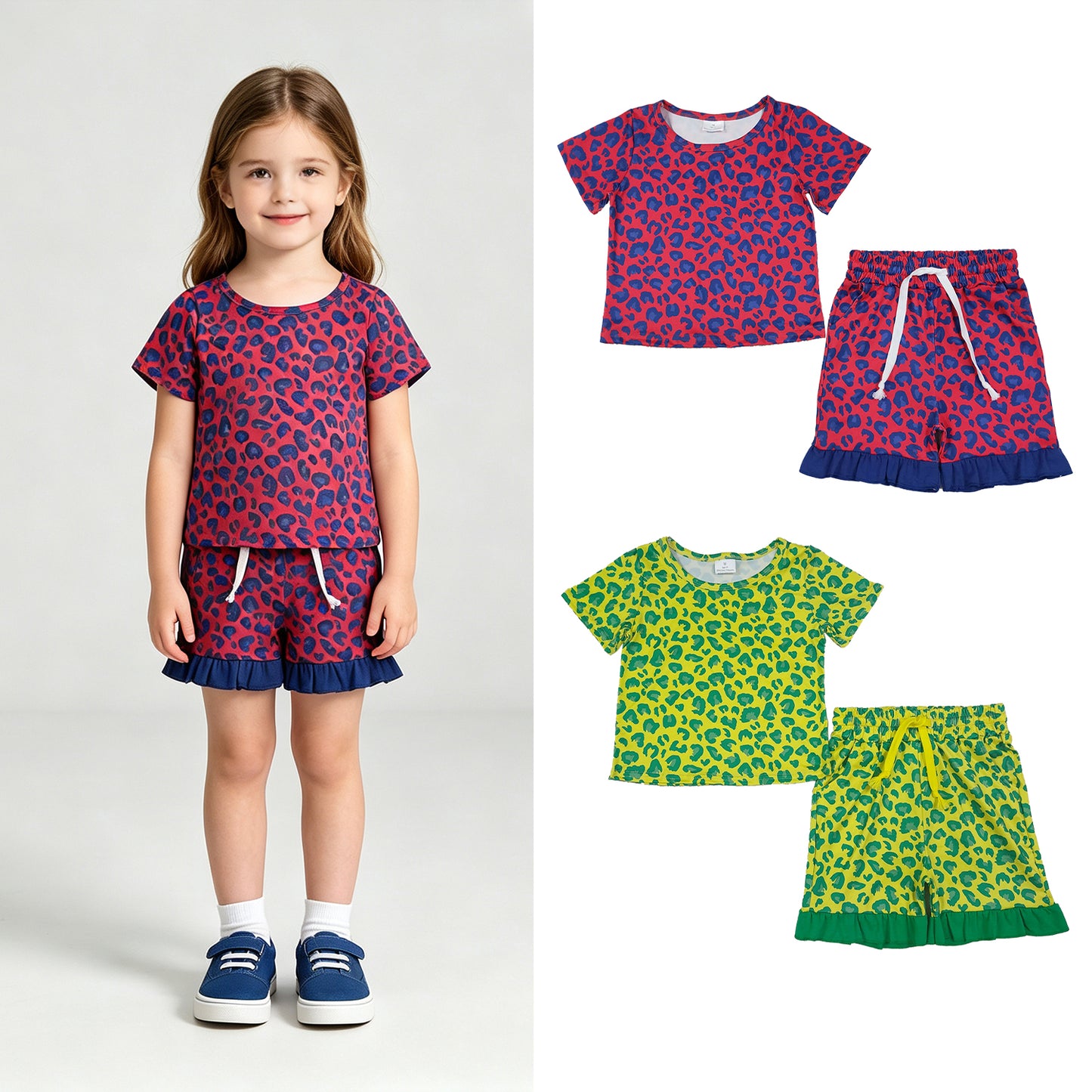 RTS Sibling milk silk Baby Girls Leopard Print Short Sleeve Top Ruffle Hem Shorts Summer Set