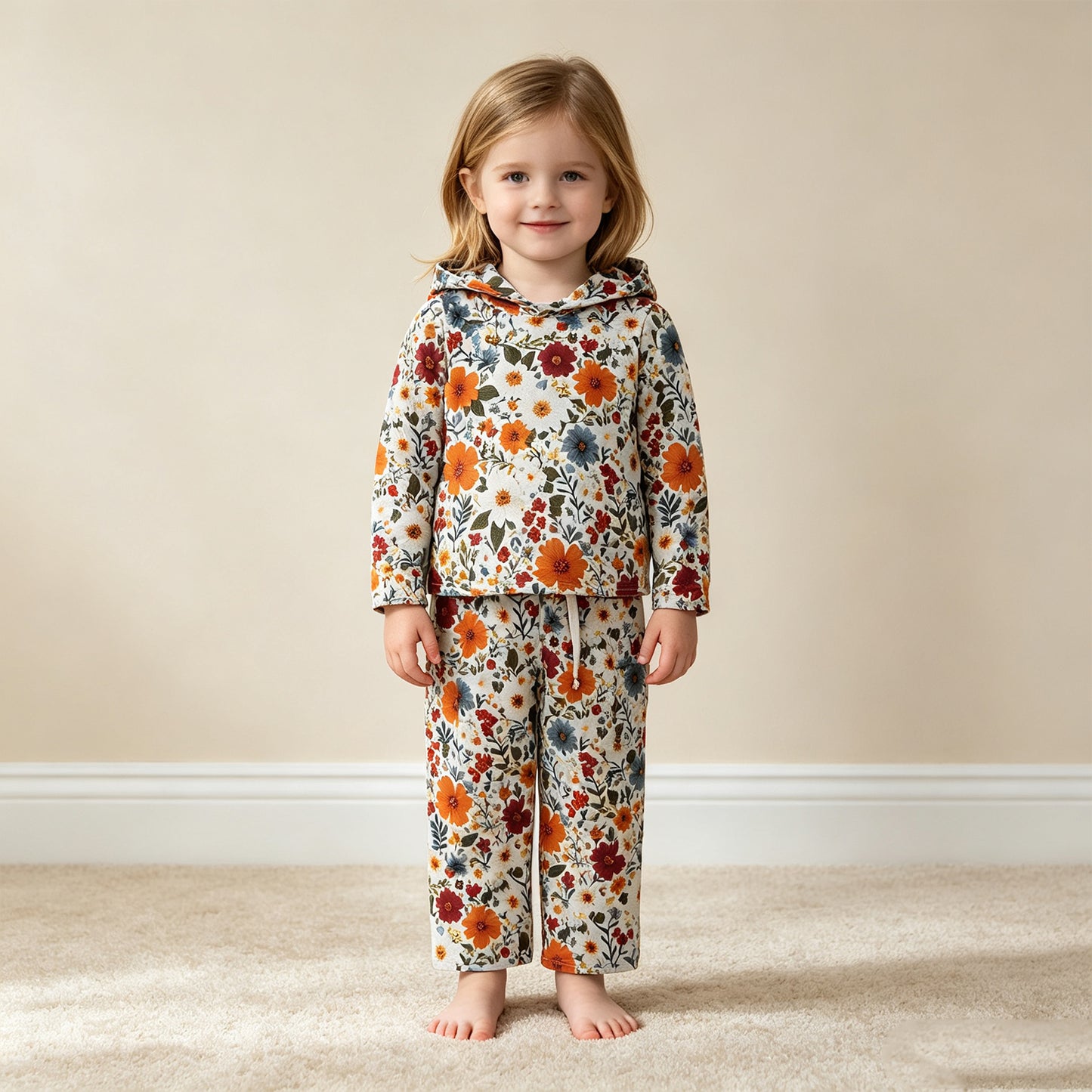 RTS NO MOQ milk silk GLP3321 Baby Girls Colorful Flowers Pocket Hoodie Top Pant Set