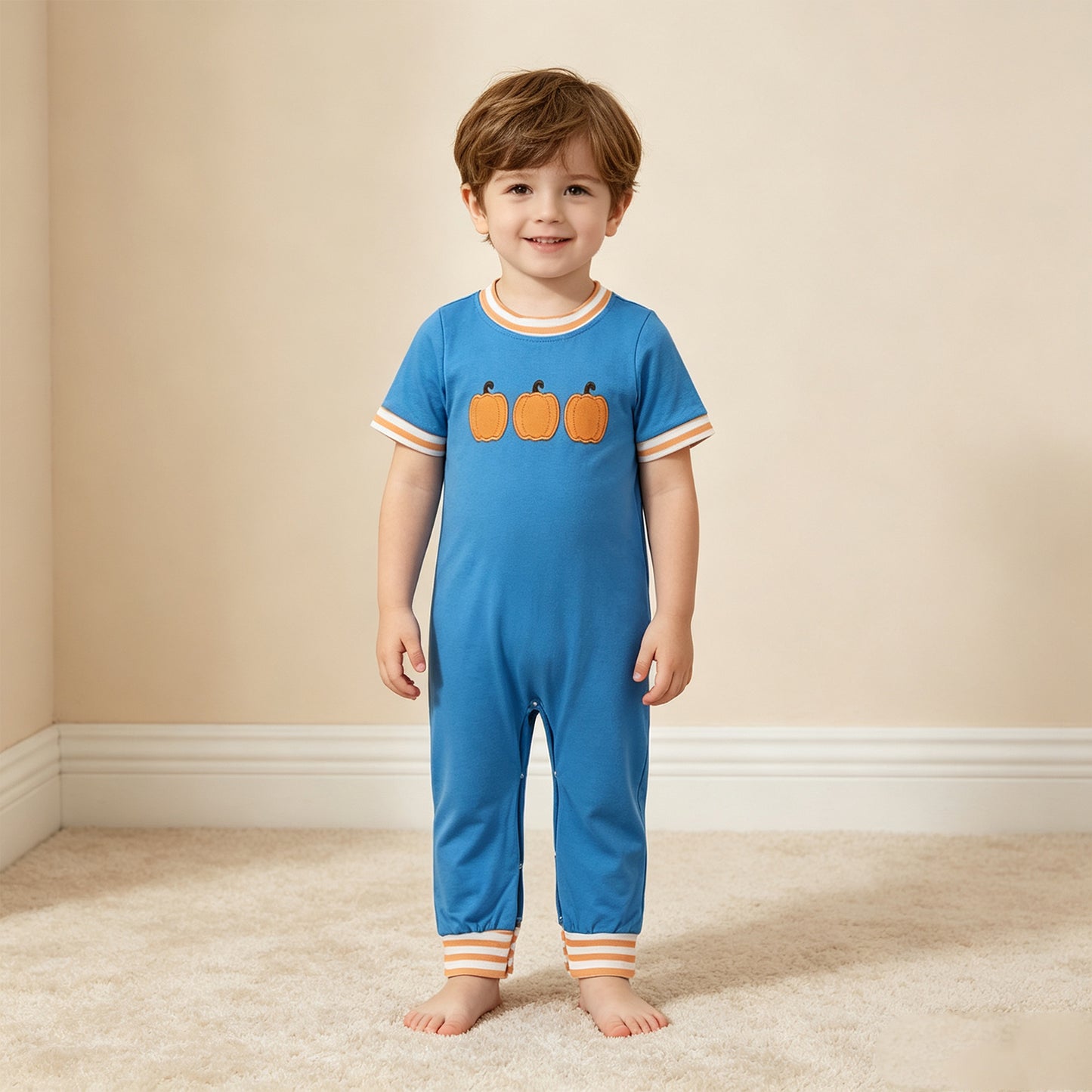 RTS NO MOQ （In stock）milk silk SR4285 Embroidery Pumpkins Baby Boys Short Sleeve Fall Pant Rompers