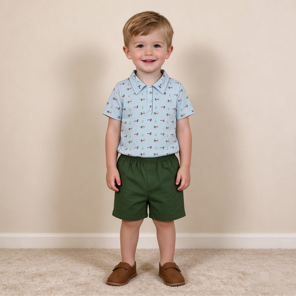RTS NO MOQ （In stock）milk silk BSSO2041 Baby Boys Short Sleeve Duck Print Plaid Button Polo Top Shorts Set