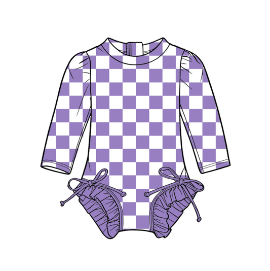 3.6 CUSTOM MOQ 5 Baby Girl Purple Plaid Team Long Sleeve One Pieces Swimsuits