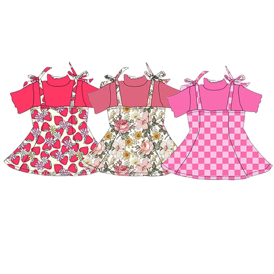 Girls Red Short Sleeve Top with Adjustable Straps Vintage Plaid Skirt Set