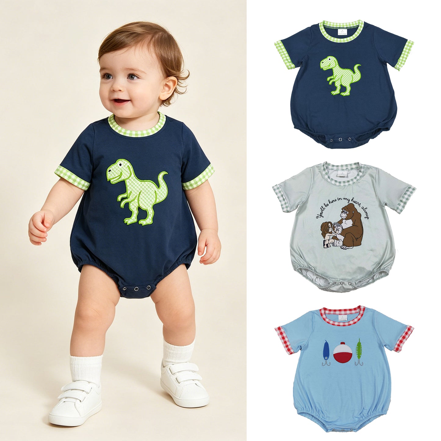 RTS Sibling Embroidery Baby Boys Short Sleeve Hunting Rompers