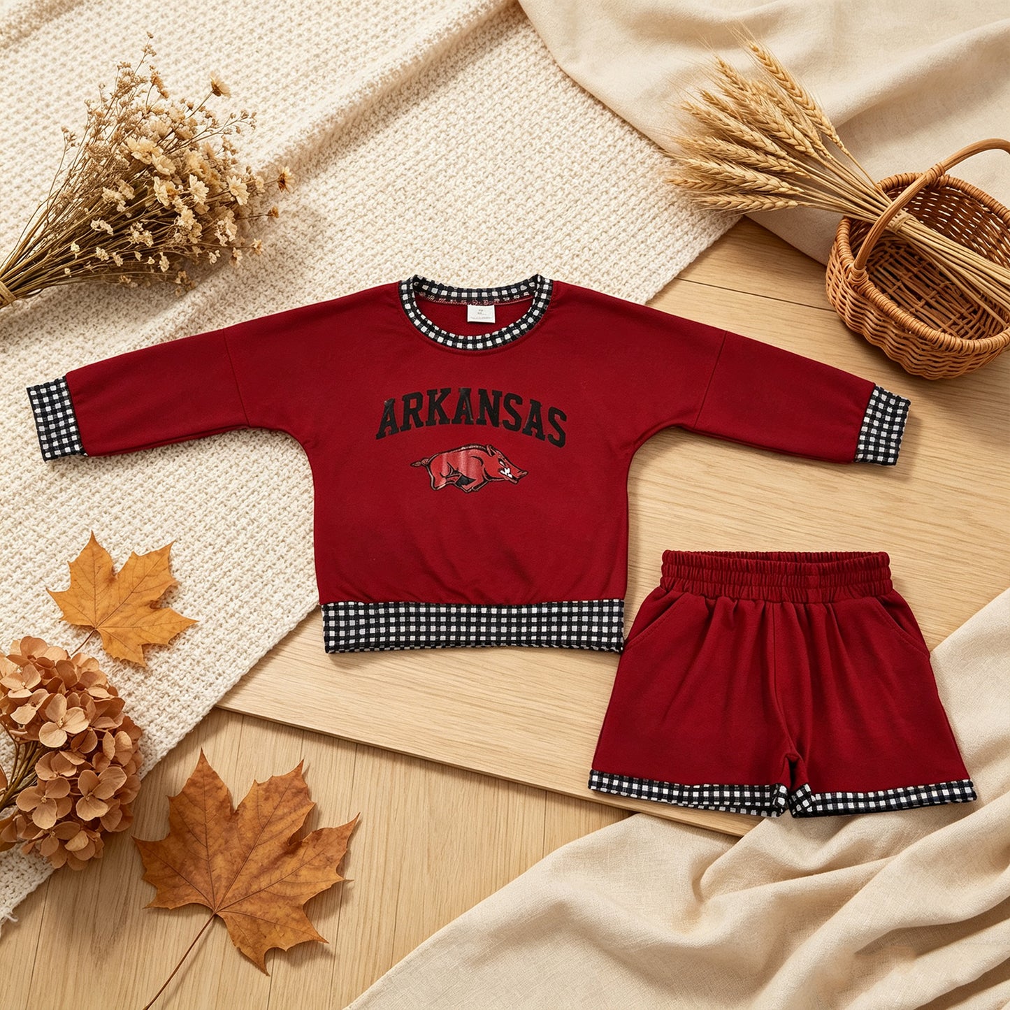 RTS NO MOQ Vinyl GLS0167 Baby Boys Red Long Sleeve Top Short Team Clothes Set